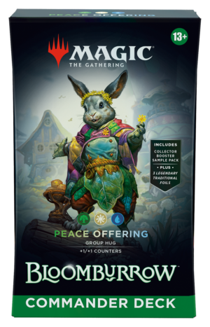 The box for the Magic: The Gathering Bloomburrow Commander Deck named "Peace Offering," featuring artwork of animal creatures.
