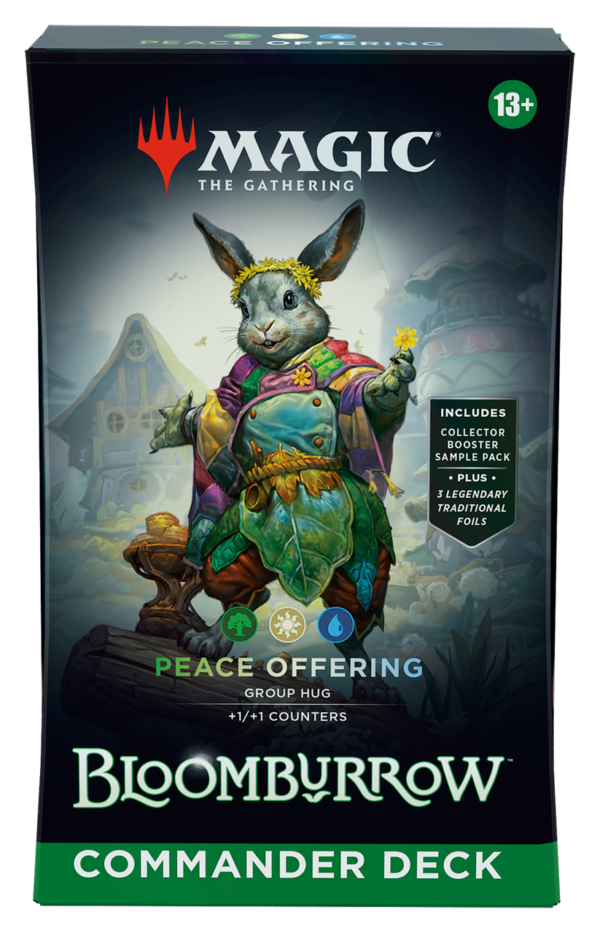 The box for the Magic: The Gathering Bloomburrow Commander Deck named "Peace Offering," featuring artwork of animal creatures.