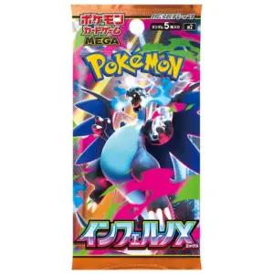 A sealed Japanese booster pack for the Pokémon TCG set Mega Inferno X, with artwork of Mega Charizard X.