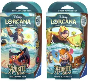The two available Disney Lorcana starter decks from the Azurite Sea set, one featuring Jim Hawkins and the other Gadget Hackwrench.