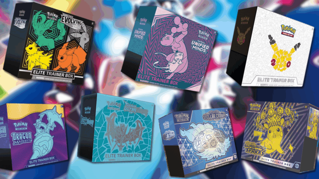 A banner image for a Pokémon TCG Elite Trainer Box collector's guide, featuring a collage of rare ETBs including Evolving Skies, Unified Minds, Generations, Dragon Majesty, and Ultra Prism.