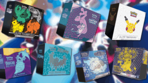 A banner image for a Pokémon TCG Elite Trainer Box collector's guide, featuring a collage of rare ETBs including Evolving Skies, Unified Minds, Generations, Dragon Majesty, and Ultra Prism.