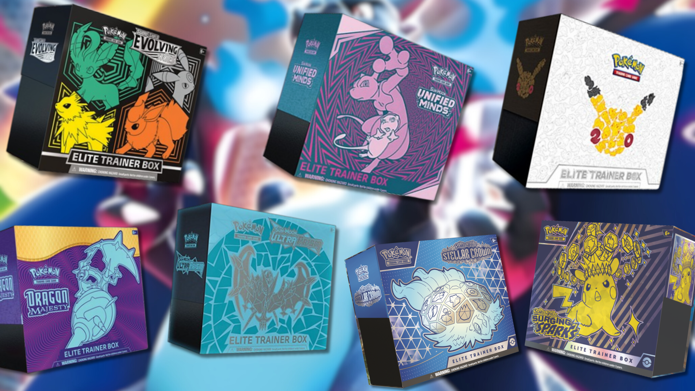 A banner image for a Pokémon TCG Elite Trainer Box collector's guide, featuring a collage of rare ETBs including Evolving Skies, Unified Minds, Generations, Dragon Majesty, and Ultra Prism.