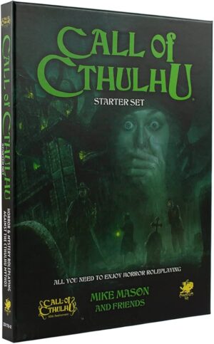 Chaosium tabletop RPG starter box featuring green horror artwork and contents for new players