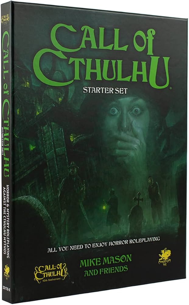 Chaosium tabletop RPG starter box featuring green horror artwork and contents for new players