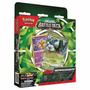 Official Pokémon TCG Meowscarada ex deluxe battle deck box featuring Radiant Alakazam and ready to play trading card game contents