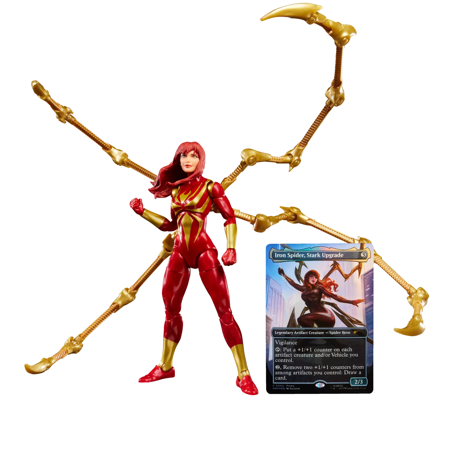 Hasbro Marvel Legends Mary Jane Iron Spider 6-inch action figure featuring comic-accurate Iron Spider suit, four posable waldoes and exclusive borderless foil MTG promo