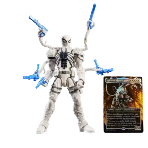 Hasbro Marvel Legends 6-inch Agent Anti-Venom figure in white symbiote suit with six articulated tendrils holding weapons and exclusive Magic: The Gathering foil promo card