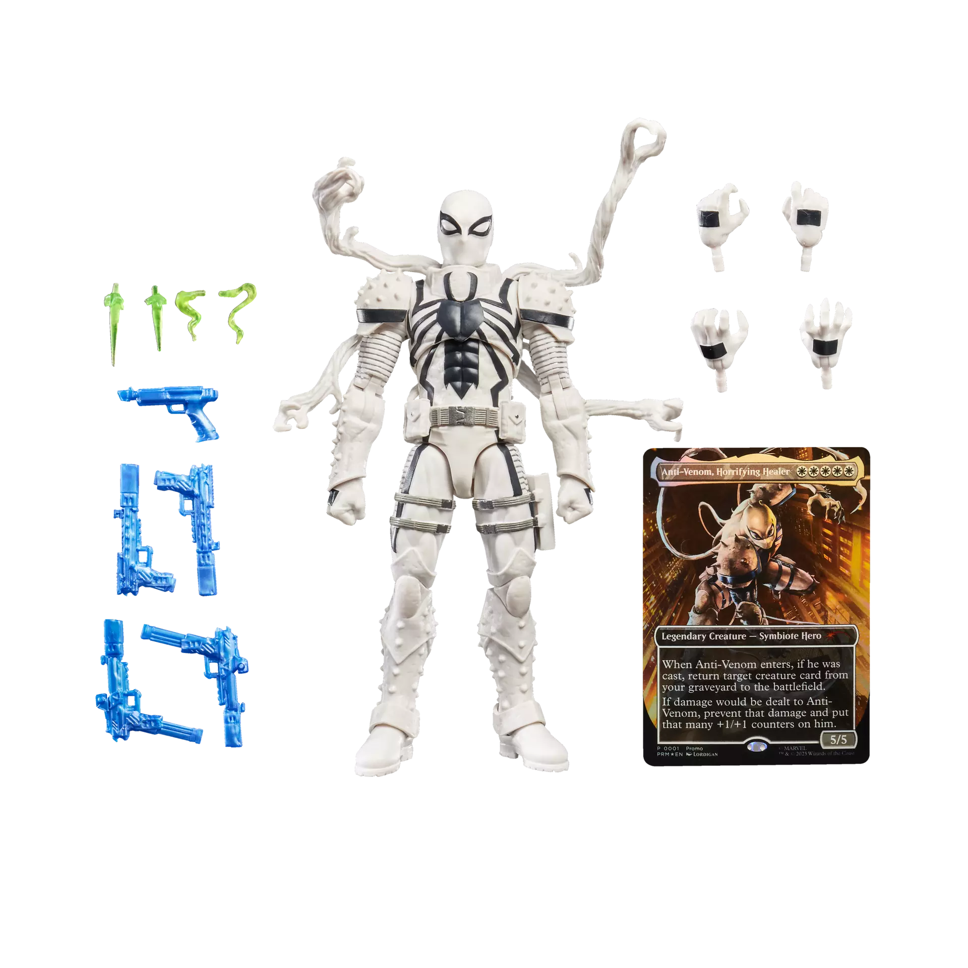 Hasbro Marvel Legends Agent Anti-Venom deluxe figure with tendril arms, blasters, alternate hands and exclusive borderless foil MTG card close-up