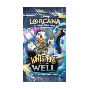 A single booster pack for the Disney Lorcana TCG set, Whispers in the Well, featuring artwork of Daisy Duck.