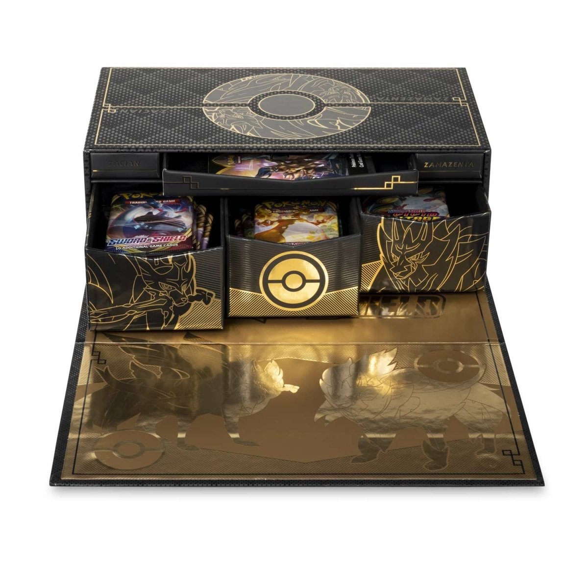 Open Ultra Premium Collection showing storage drawers metal cards and booster packs