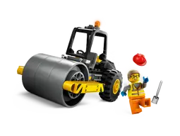 Assembled LEGO construction vehicle with large silver drum and worker minifigure smoothing the road