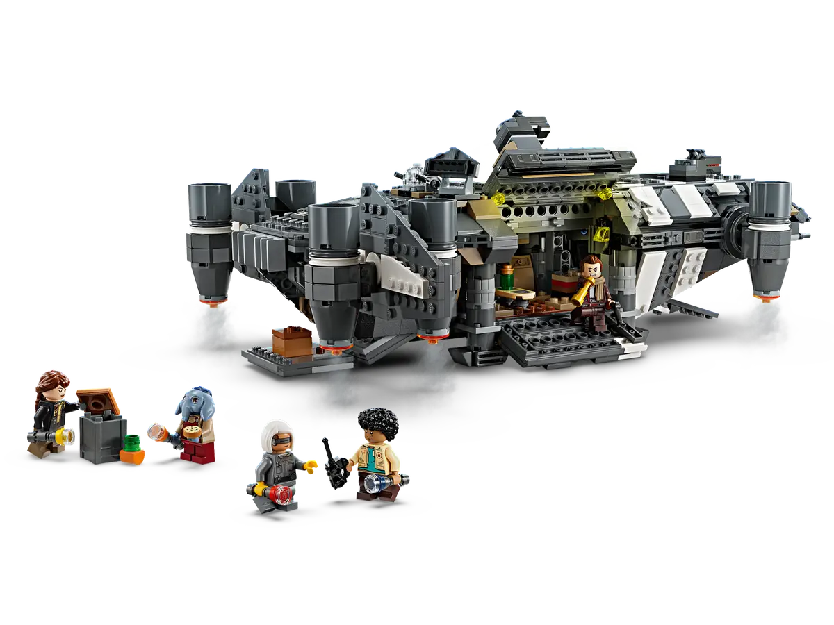Assembled LEGO Star Wars Onyx Cinder ship showing opening cargo hold rotating engines and minifigure crew