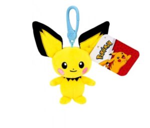 Front view of official Pichu plush keychain featuring large black-tipped ears and blue plastic bag clip attachment