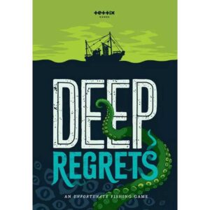 Front cover of Deep Regrets board game featuring a silhouette of a fishing boat above dark waters with green eldritch tentacles rising up