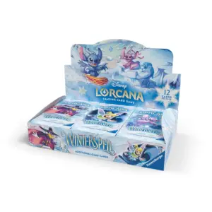 Sealed Disney Lorcana Winterspell booster box display containing 24 packs featuring Stitch and Tinker Bell in winter gear