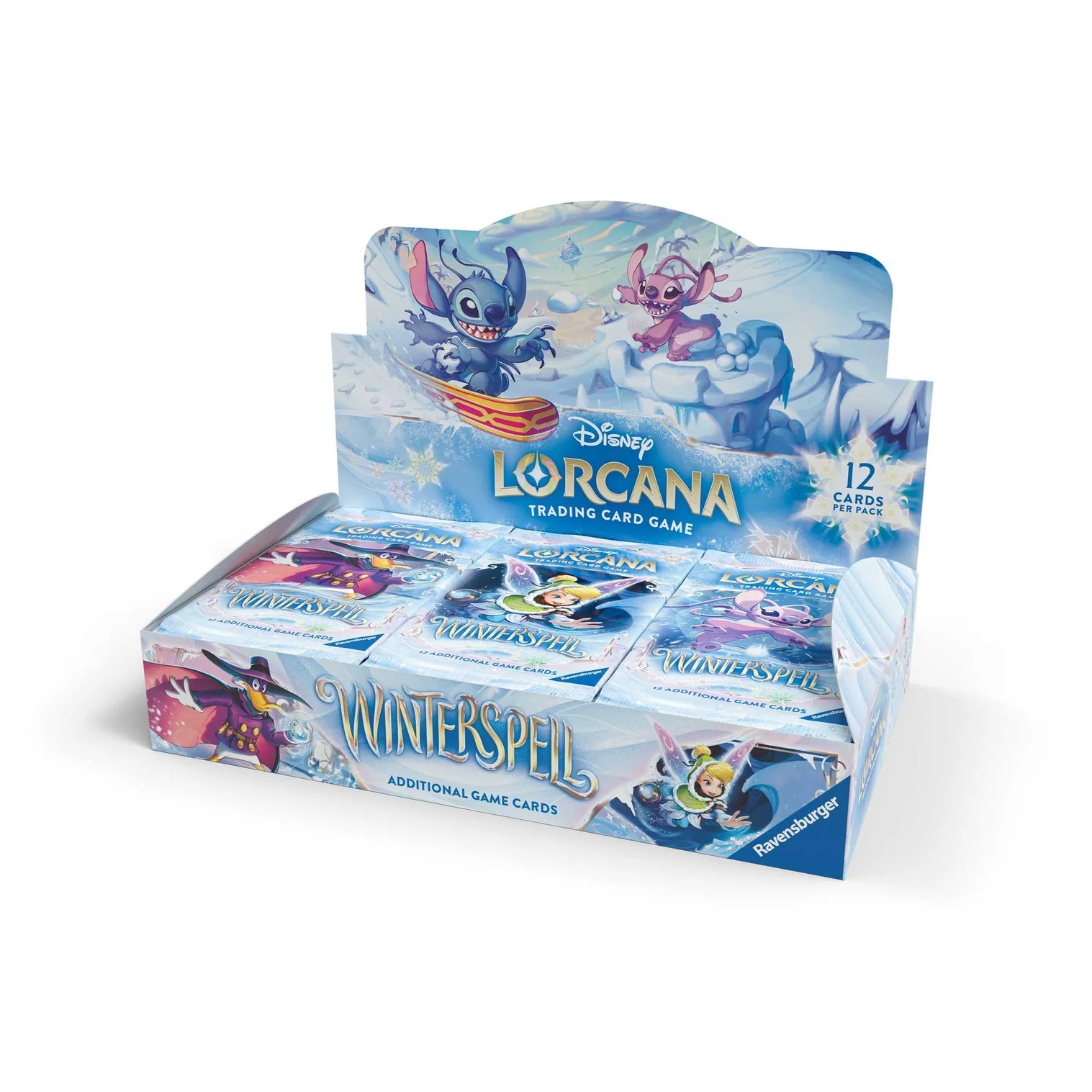 Sealed Disney Lorcana Winterspell booster box display containing 24 packs featuring Stitch and Tinker Bell in winter gear