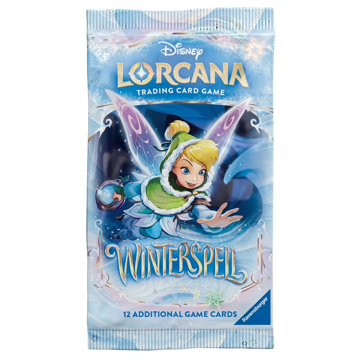Disney Lorcana Winterspell booster pack depicting Tinker Bell in winter fairy outfit