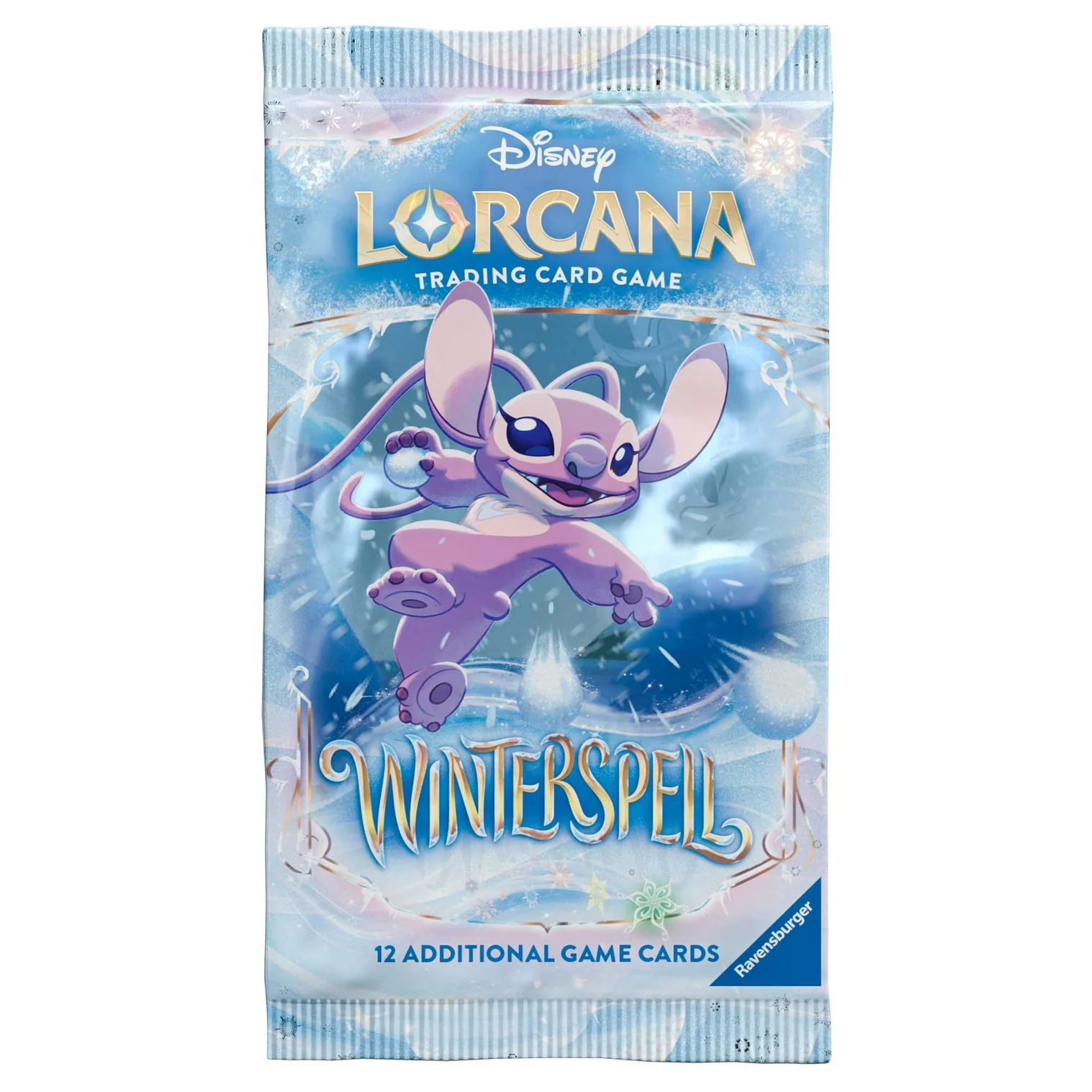 Disney Lorcana Winterspell booster pack artwork showing Angel Stitch's counterpart in a snowy setting