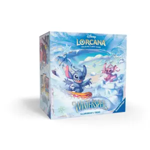 Disney Lorcana Winterspell Illumineer's Trove packaging featuring icy artwork and contents overview including booster packs