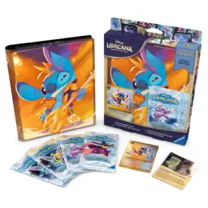 Disney Lorcana Winterspell Collection Starter packaging featuring Stitch Rock Star portfolio, Carefree Snowboarder foil card and 4 booster packs