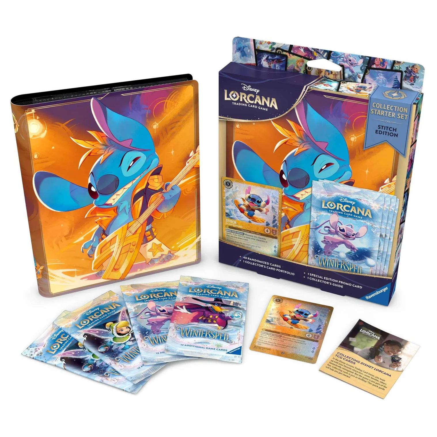 Disney Lorcana Winterspell Collection Starter packaging featuring Stitch Rock Star portfolio, Carefree Snowboarder foil card and 4 booster packs