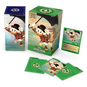 Disney Lorcana Scrooge McDuck Gift Set packaging featuring S.H.U.S.H. Agent artwork and contents including 5 booster packs and storage box