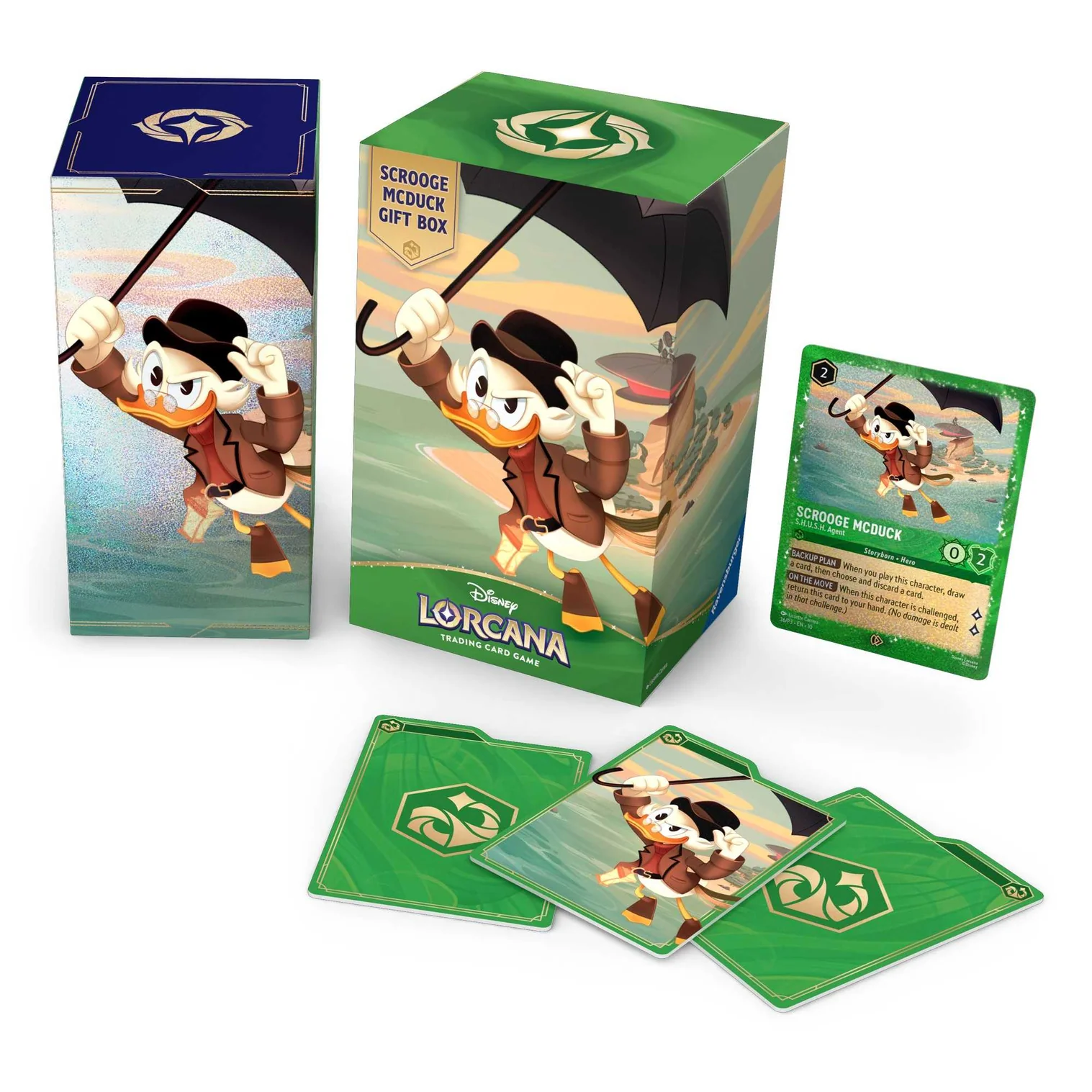 Disney Lorcana Scrooge McDuck Gift Set packaging featuring S.H.U.S.H. Agent artwork and contents including 5 booster packs and storage box