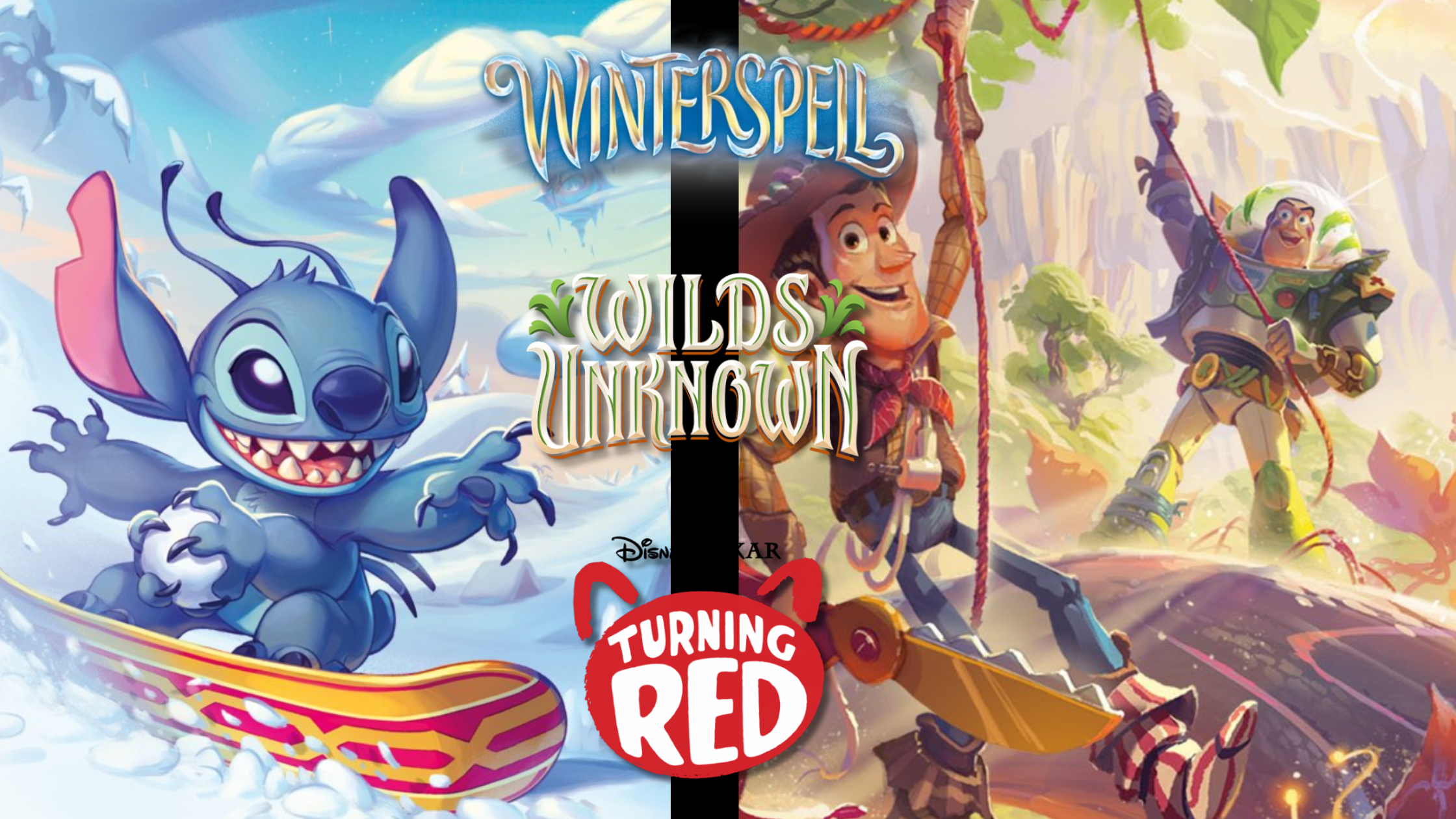 A promotional banner for the upcoming Disney Lorcana TCG sets in 2026, showing a collage of artwork featuring Stitch for Winterspell, Woody and Buzz Lightyear for Wilds Unknown, and Mei Lee as the red panda for Turning Red.