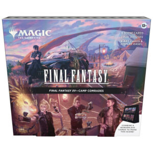 MTG Final Fantasy Scene Box Camp Comrades packaging featuring Noctis Prompto Ignis and Gladiolus camping with the Regalia
