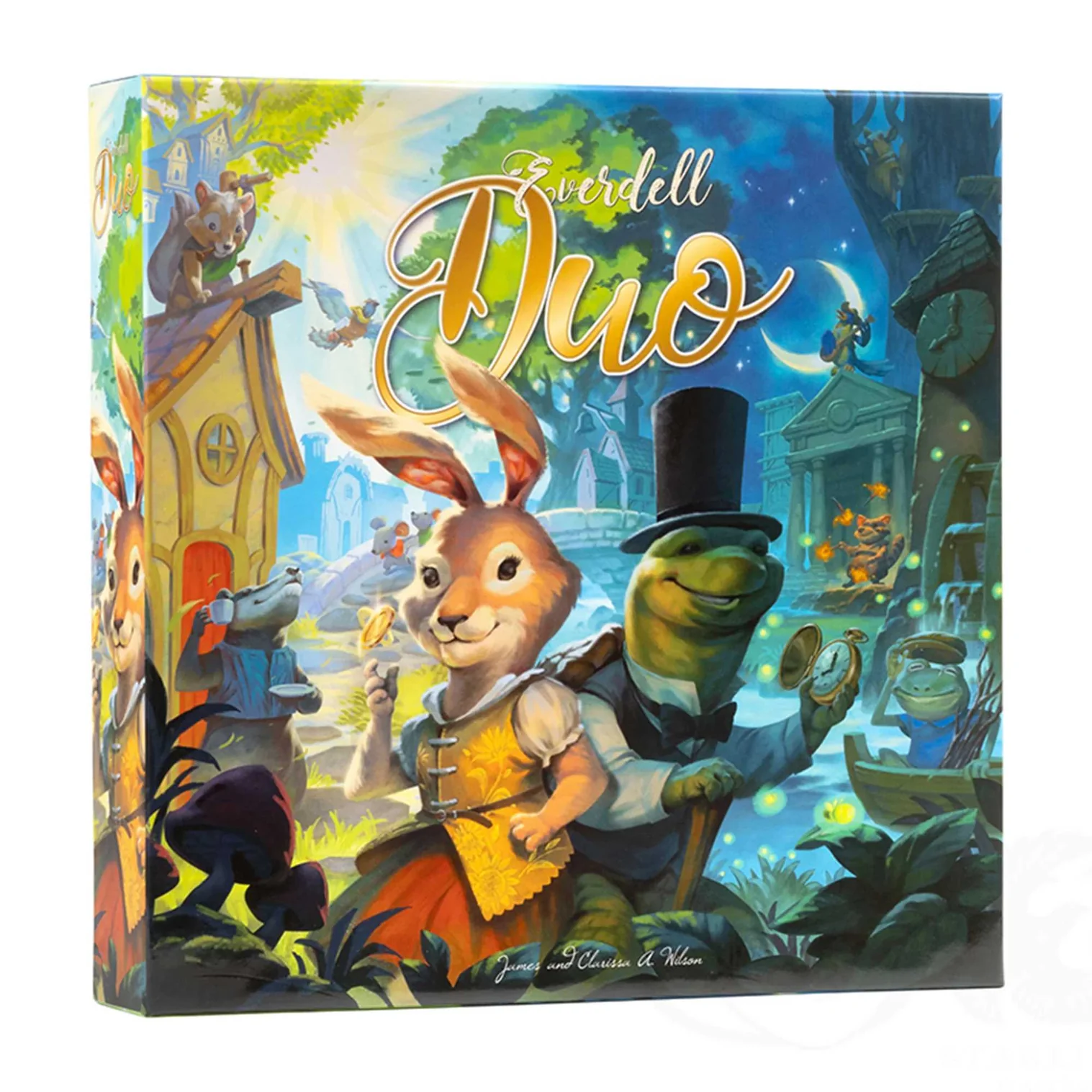 Front cover of Everdell Duo board game featuring a rabbit and turtle character against a split day and night background