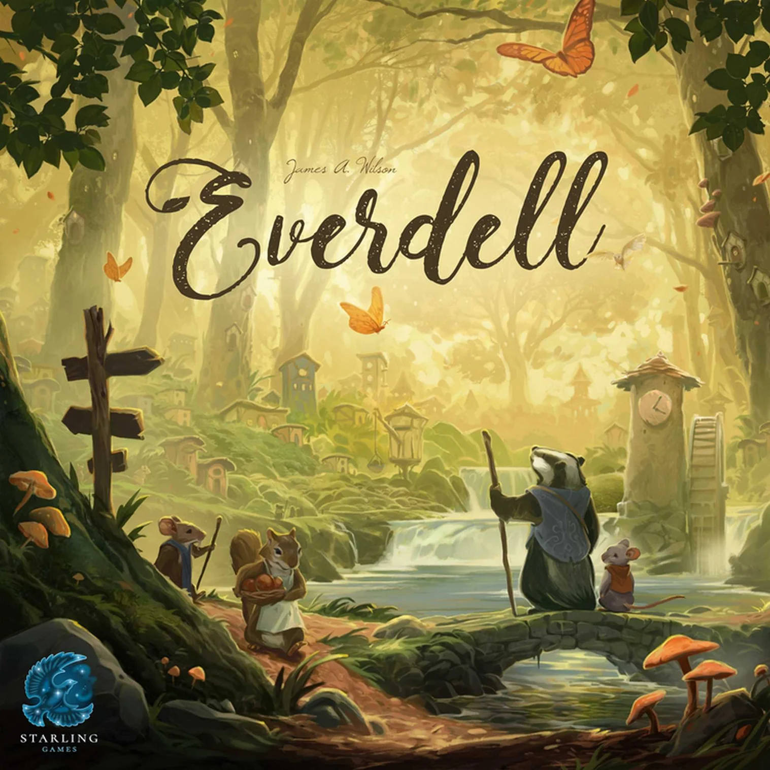 Front cover of Everdell board game featuring a badger and mice crossing a bridge in a golden forest setting