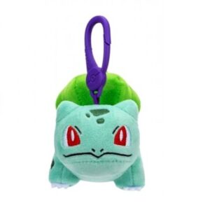 Front view of official Bulbasaur plush keychain featuring embroidered eyes and purple plastic bag clip