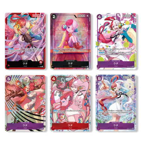 Six holographic style Uta cards from One Piece Film Red featuring distinct art styles