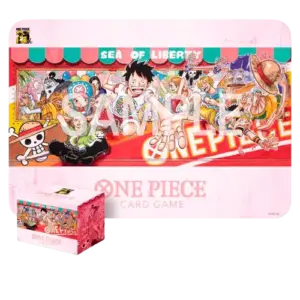 Pink playmat and deck box featuring Straw Hat Crew Sea of Liberty artwork