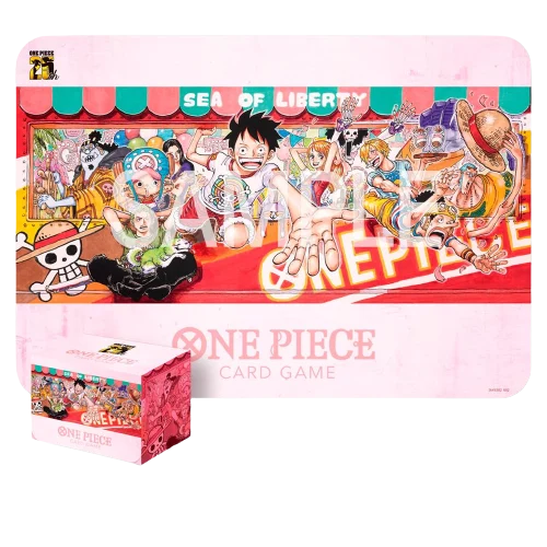 Pink playmat and deck box featuring Straw Hat Crew Sea of Liberty artwork