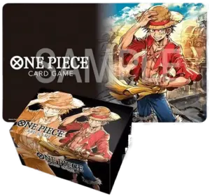 Official Bandai accessory bundle featuring Luffy playmat and deck storage box