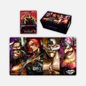 Playmat storage box and Edward Newgate promo card featuring Kaido Shanks Whitebeard and Big Mom
