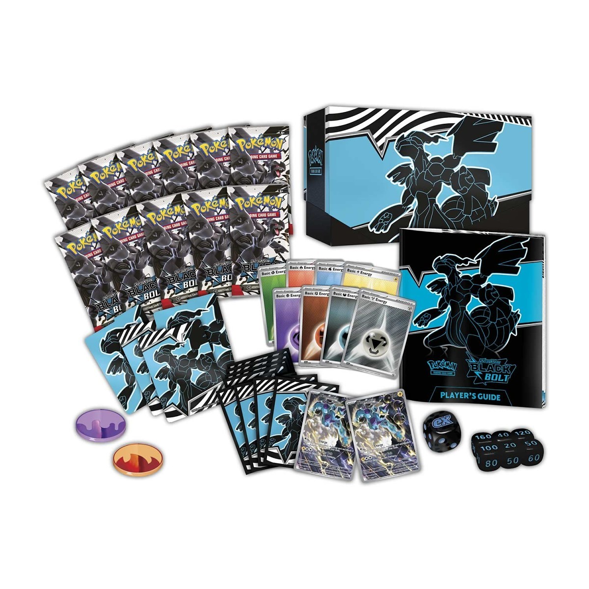 Full contents of the Black Bolt Pokémon Center Elite Trainer Box including 11 booster packs Zekrom sleeves and dice