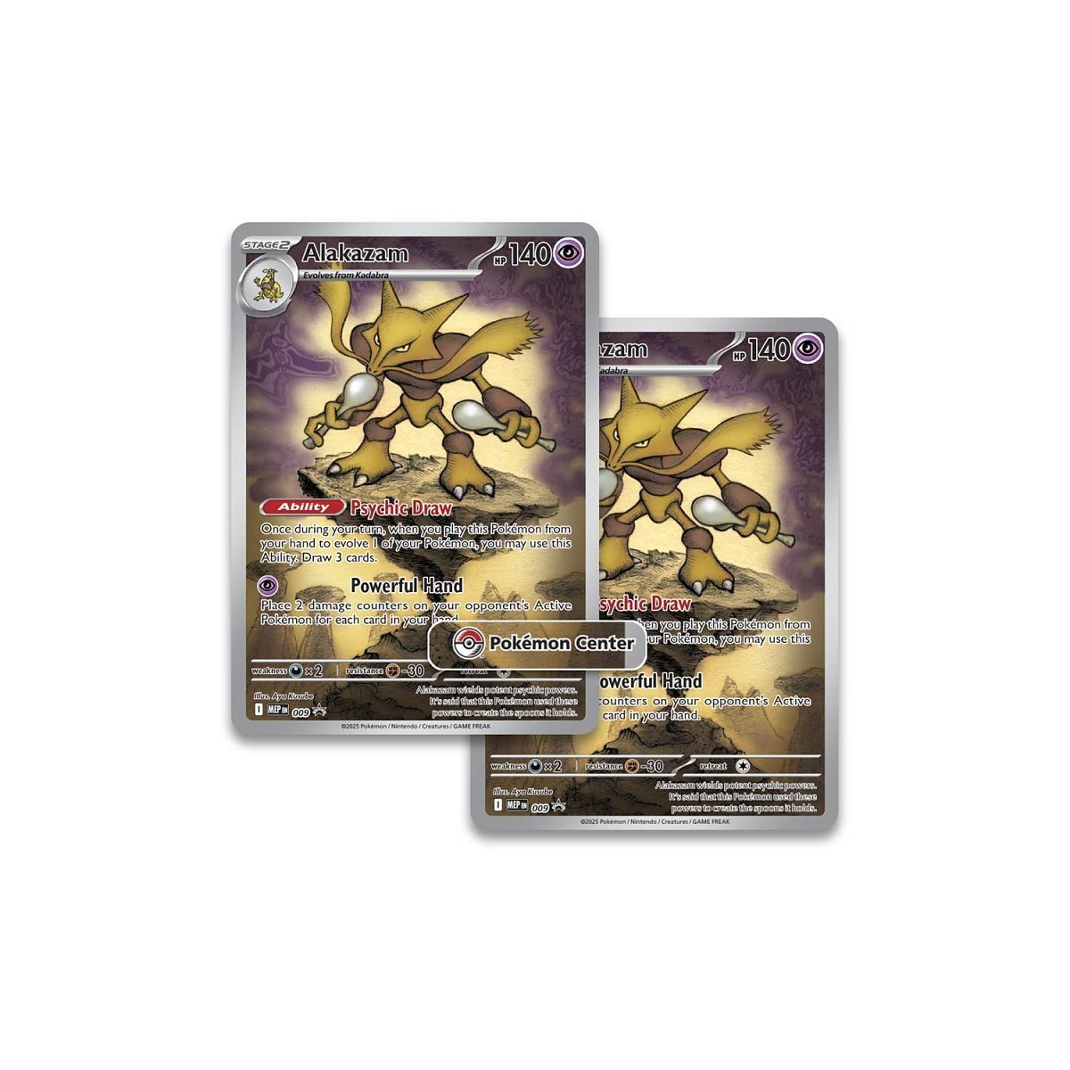 Two full art Alakazam promo cards including the exclusive Pokémon Center stamped version from the Mega Evolution expansion