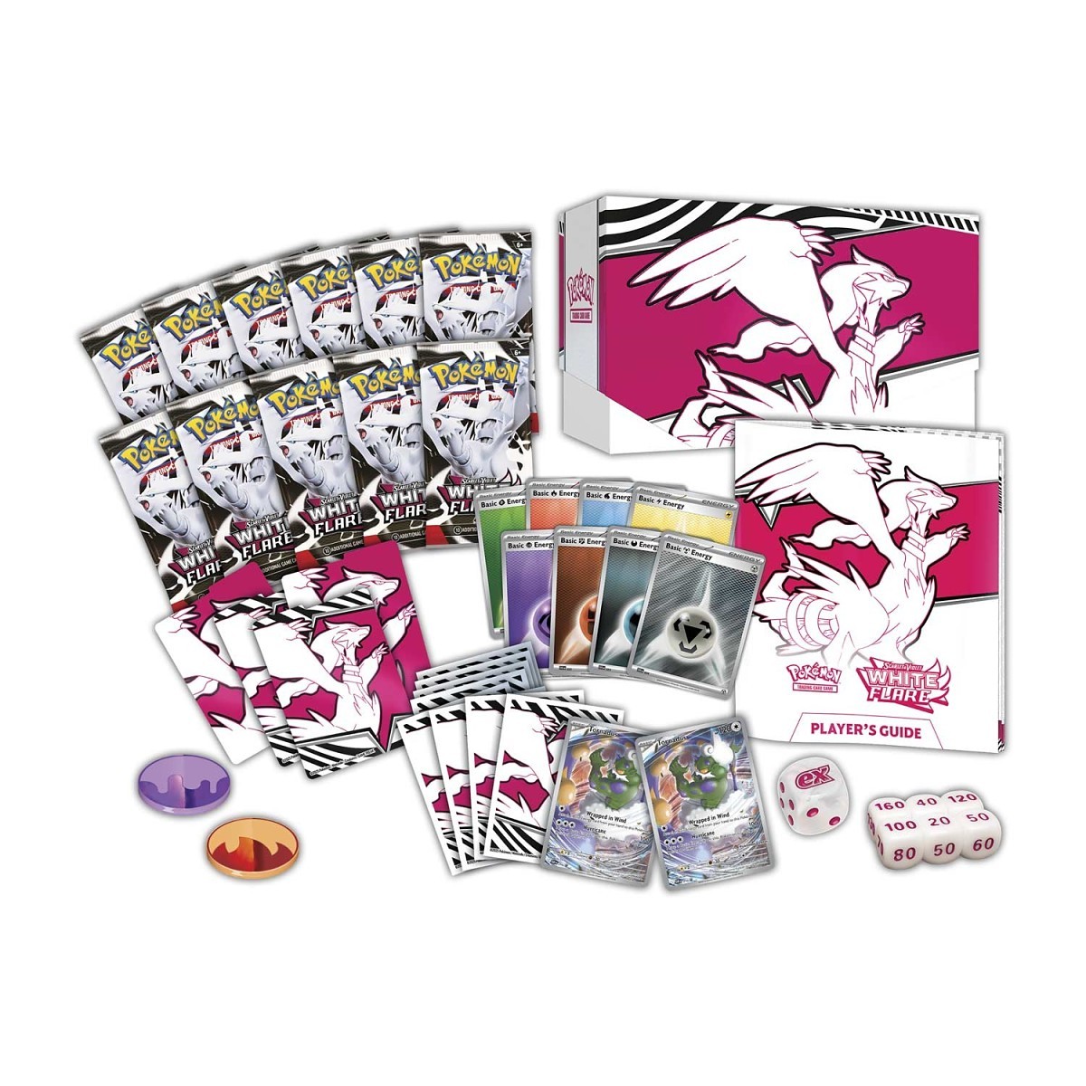 Full contents of the White Flare Pokémon Center Elite Trainer Box including 11 booster packs Reshiram sleeves and dice
