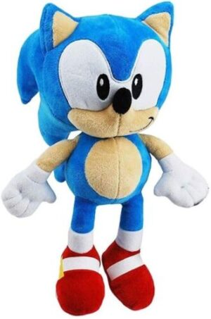 Front view of official Sonic the Hedgehog 12-inch plush toy featuring classic design with red shoes and white gloves
