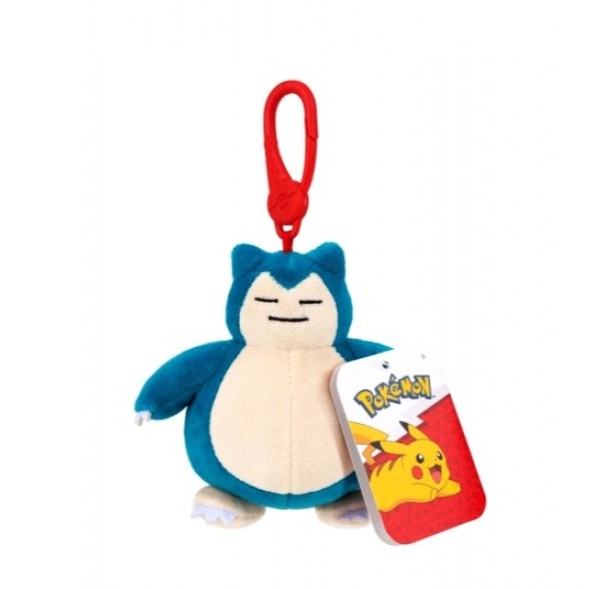 Front view of official Snorlax plush keychain featuring sleepy embroidered eyes and red plastic bag clip attachment
