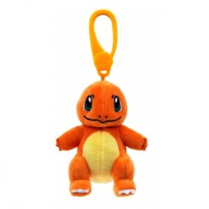 Front view of official Charmander plush keychain featuring embroidered eyes and plastic bag clip attachment