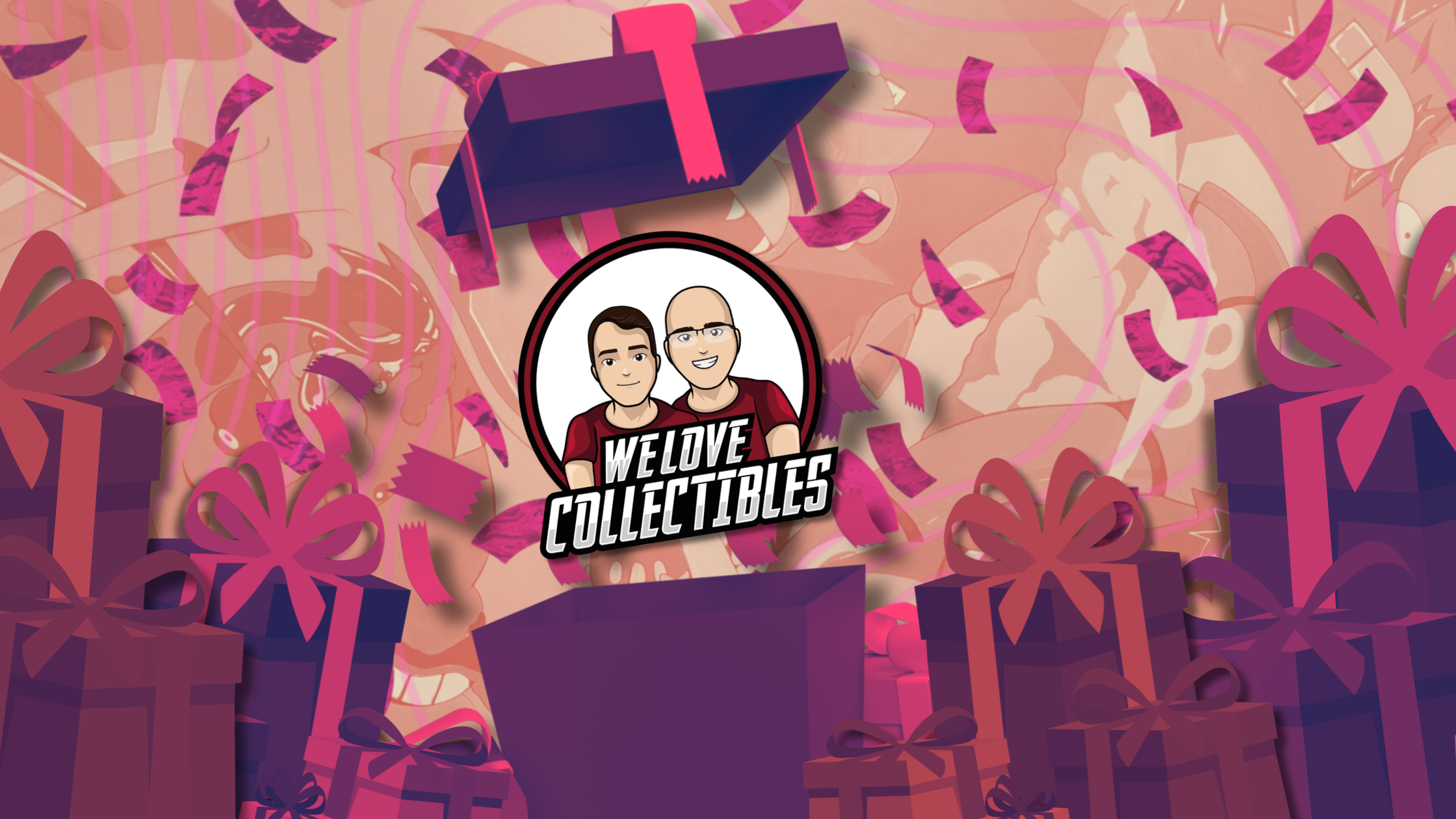 festive promotional banner for We Love Collectibles, featuring the WLC logo surrounded by gift boxes and confetti.