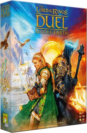 Front cover of The Lord of the Rings Duel for Middle-earth board game featuring Aragorn and the Witch-king back to back