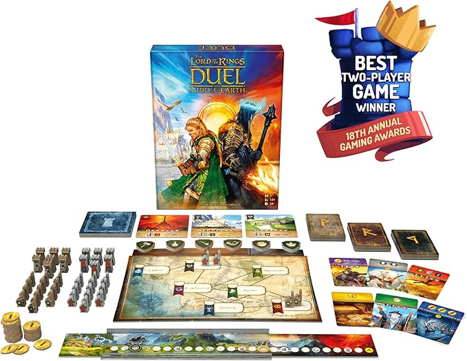 Full spread of game components including the central board character cards and military tokens with best two-player game award badge