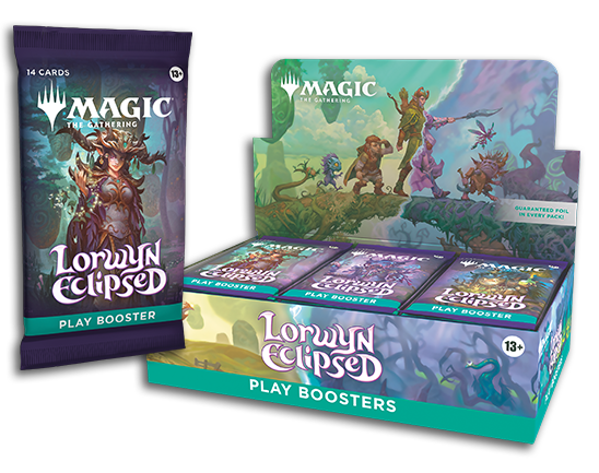 Single foil Play Booster pack alongside the Lorwyn Eclipsed display box showing new set mechanics