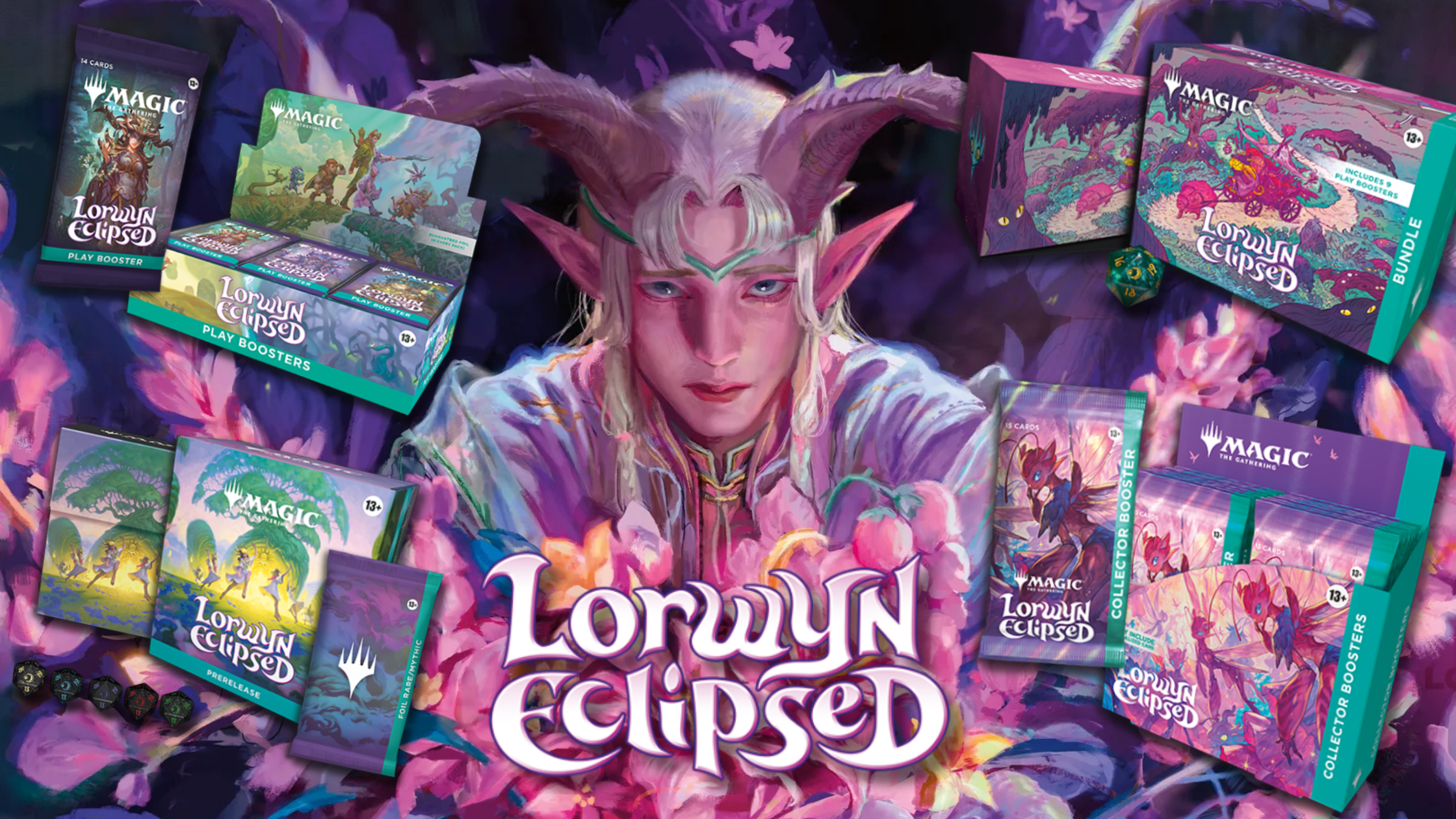 A promotional banner for the Magic: The Gathering set Lorwyn Eclipsed, showcasing the full product lineup including Play Boosters, Collector Boosters, the Bundle, and the Prerelease Pack.