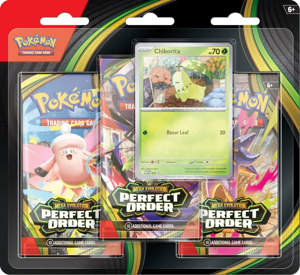 The 3-Pack Blister for the Pokémon TCG set Perfect Order, featuring a Chikorita promo card.